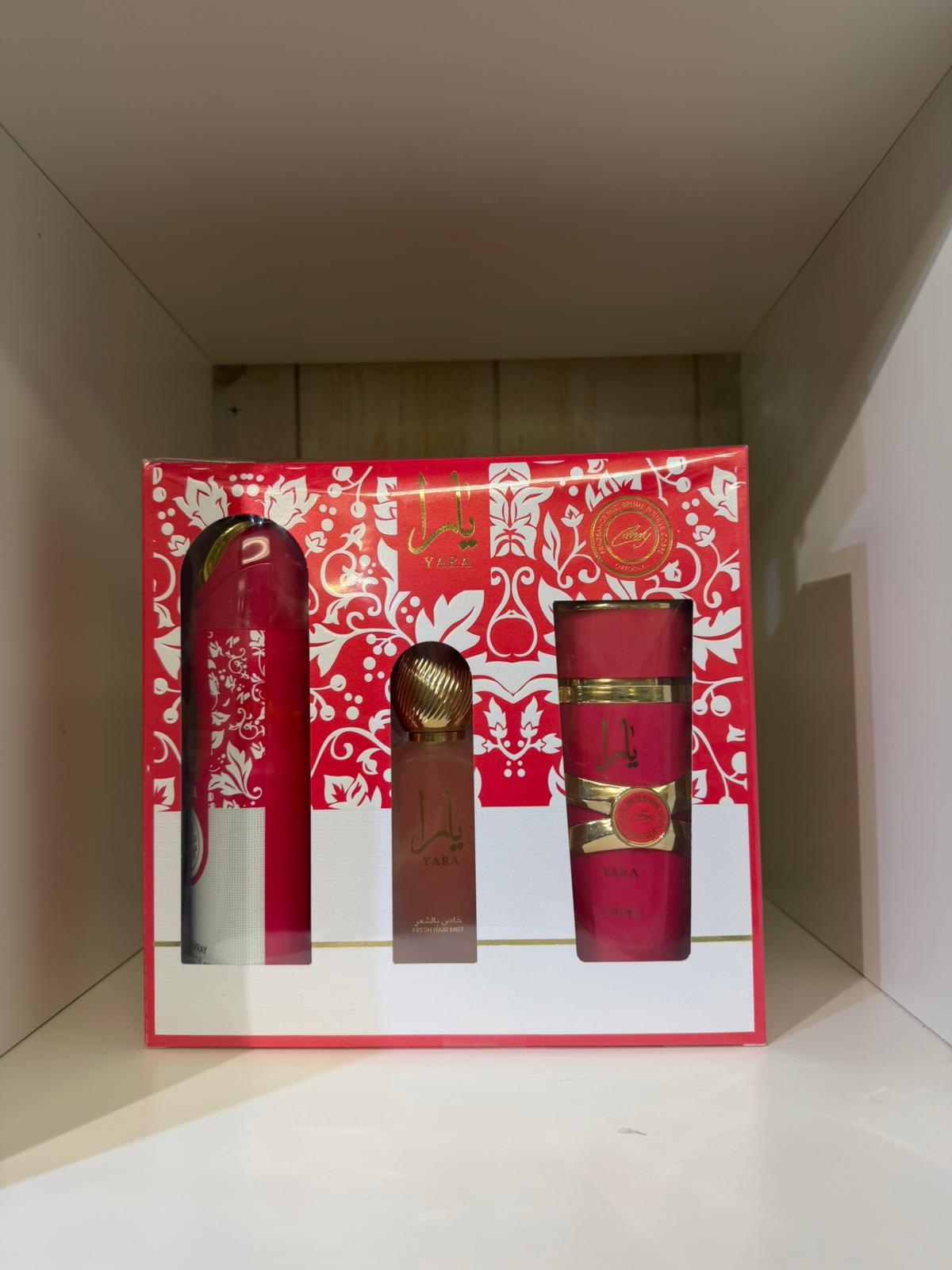 Set Lattafa Yara (3 pièces) eau de parfum 100 ml., spray parfumé 200 ml. Et la brume capillaire Dame