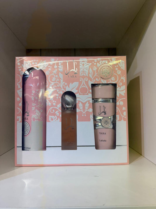 Set Lattafa Yara (3 pièces) eau de parfum 100 ml., spray parfumé 200 ml. Et la brume capillaire Dame